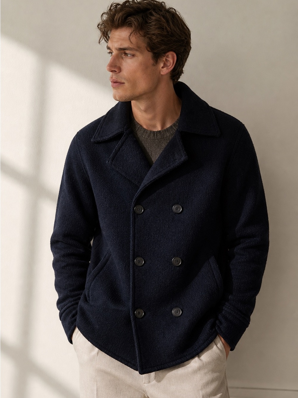 Men's Drykorn Wool Knit Double-Breasted Navy Peacoat Jacket Navy Minimalist